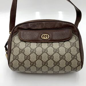 Auth Old Gucci Small Brown Leather Monogram GG Logo Coated Canvas Shoulder Bag